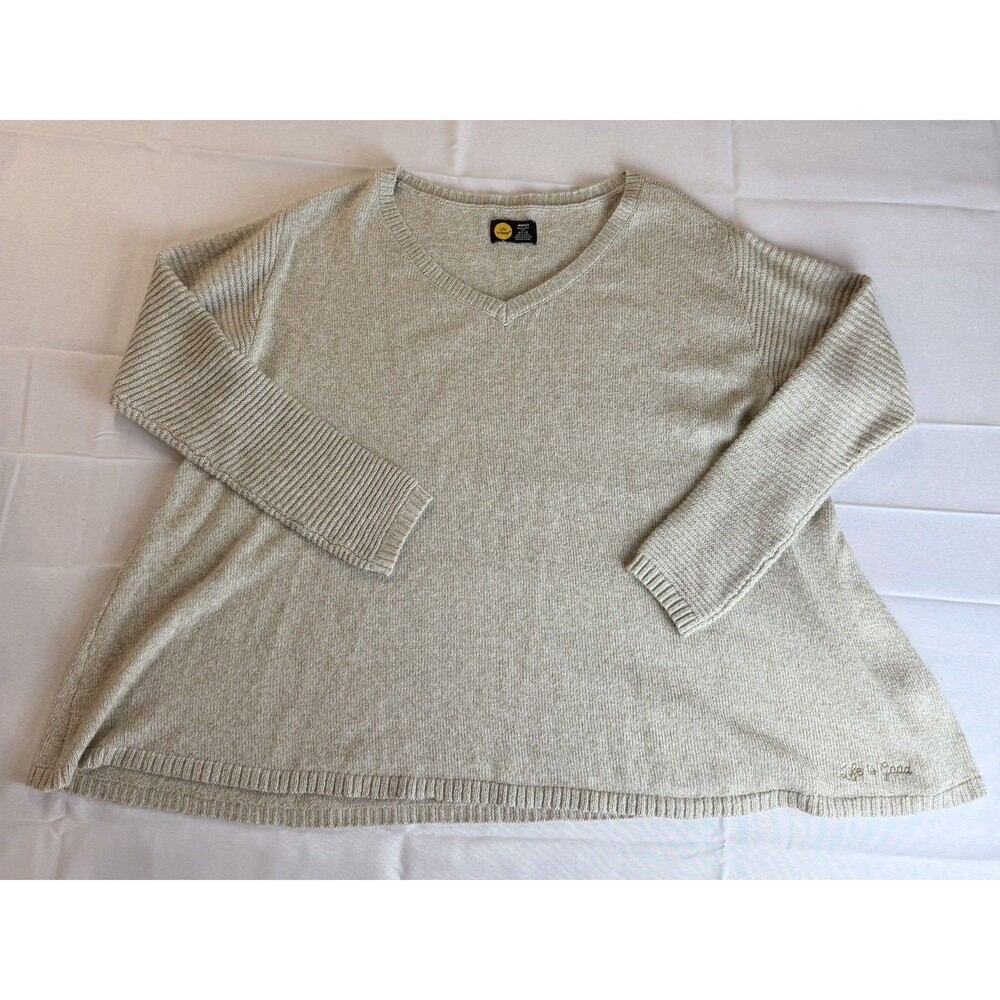 Life is Good Women's Oatmeal Long Sleeve V Neck Knit Sweater Relaxed Flowy L